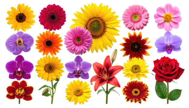 Assorted vibrant flowers on black background, colorful bloom display