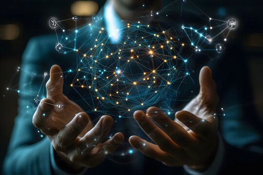 close-up of businessman’s hands interacting with AI hologram, network connections floating 
