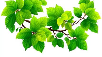 A precise depiction of a branch with numerous green leaves sprouting from its stem