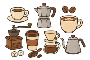 Collection of coffee making tools, accessories, cups, grinder, moka pot, and kettle