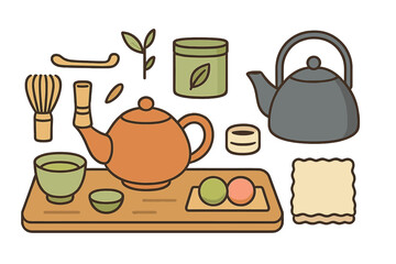 Traditional Japanese tea ceremony set with teapot, bamboo whisk, cups, and matcha powder container