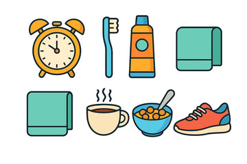Morning routine essentials collection: alarm clock, hygiene products, breakfast, and athletic shoes