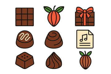 Collection of chocolate confectionery items including bonbons, cocoa pods, a chocolate bar, and a wrapped present