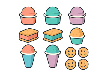 Sweet frozen dessert set with ice cream scoops, sandwiches, snow cones, and cheerful emoji faces