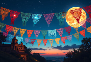 Colorful fiesta flags strung across a night sky with a large moon and a church