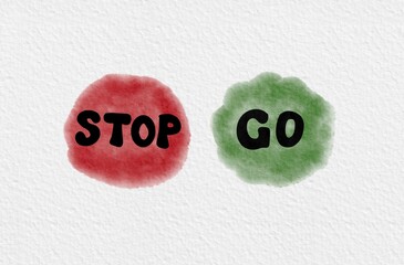 Watercolor Stop and Go Signs, Red and Green, on White Background - Hand Painted Round Icons for Traffic, Decisions and Safety