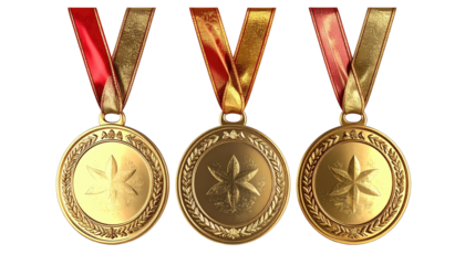 Three gold medals with red and gold ribbons