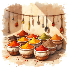 A collection of colorful spices in small bowls arranged neatly on a surface