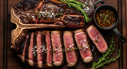 Prime T-Bone Steak Slices, Medium-Rare, with Herb Sauce & Rosemary on Rustic Board