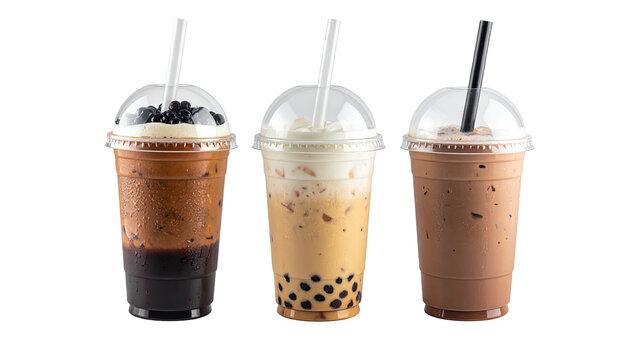 Three iced bubble teas in clear plastic cups with straws