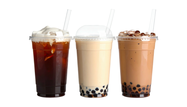 Three boba drinks with straws, clear cups, on black background