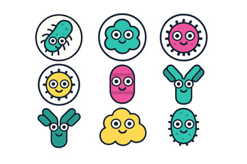 Colorful stylized collection of microbes, bacteria, virus, and antibody icons