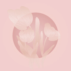 Stylized bouquet of translucent flowers on a delicate background, in a round frame for your projects.