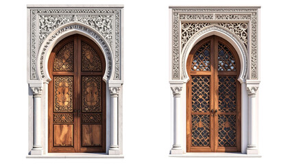 Two Moroccan architectural doorway and window designs with intricate patterns isolated on transparent background.