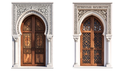 Two Moroccan architectural doorway and window designs with intricate patterns isolated on transparent background.