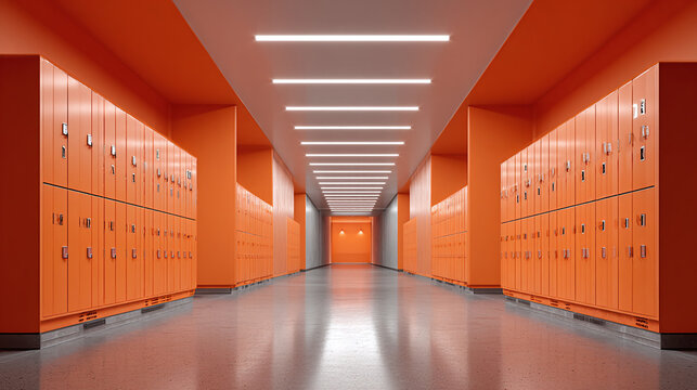 An orange colored school hallway with lockers on either side and light fixtures on the ceiling 