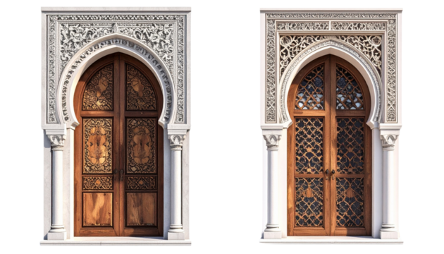 Two Moroccan architectural doorway and window designs with intricate patterns isolated on transparent background.
