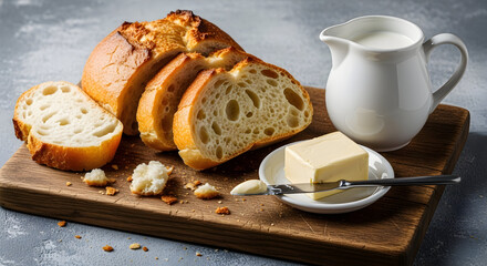 Artisan Sliced Bread, Creamy Butter & Fresh Milk. Rustic Breakfast Food Arrangement.