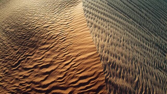 An aerial perspective reveals the captivating abstract patterns and intricate textures etched into vast desert sand dunes by the relentless forces of wind, showcasing nature's artistic prowess