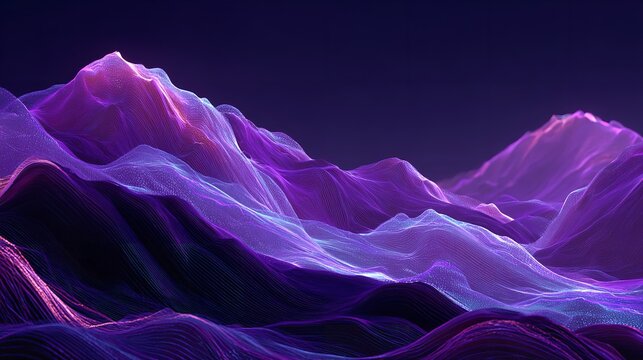 Abstract digital landscape of glowing purple mountains and valleys, rendered with a futuristic, ethereal, and luminous aesthetic