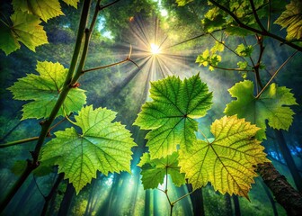 Fototapeta premium Double Exposure: Wild Grapevine Leaves & Lush Forest