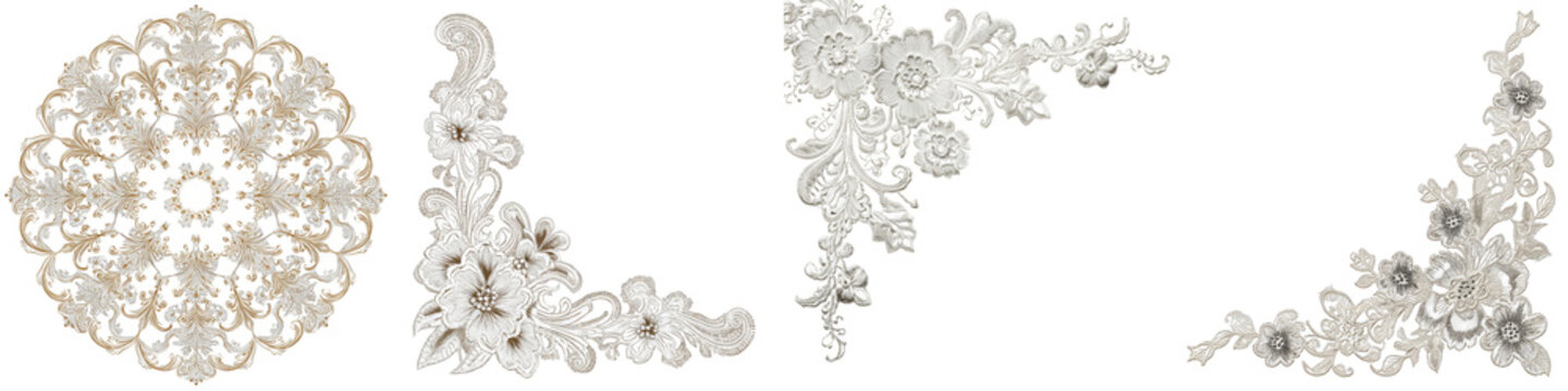 Intricate floral lace designs including round pattern and corner accents on transparent background