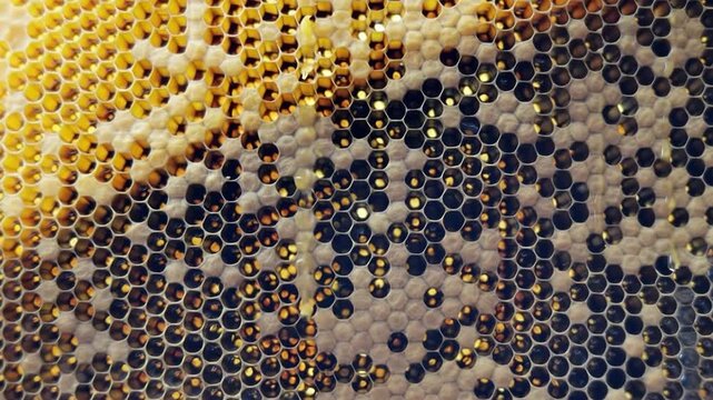 Hexagon structure is honeycomb from bee hive filled with golden honey