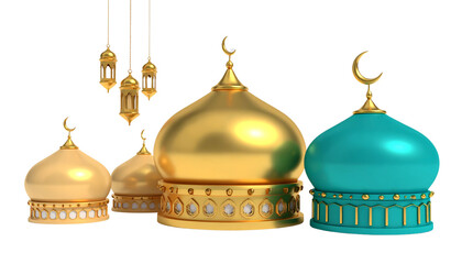 Two Islamic dome variations with lanterns and crescent motifs isolated on transparent background.