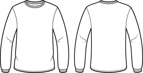 Blank crewneck sweatshirt flat sketch front and back view, unisex long sleeve pullover sweater technical drawing, apparel fashion design template for clothing mockup illustration © Rabbi's World