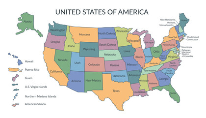 Obraz premium Colorful map of the United States of America. USA borders in a flat style isolated on white background. Vector template.