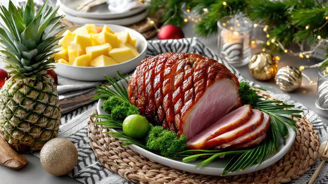 Glazed holiday ham ball studded with Edam cheese cubes on a wooden board, decorated with pine needles and red berries for a warm, festive Christmas appetizer photo