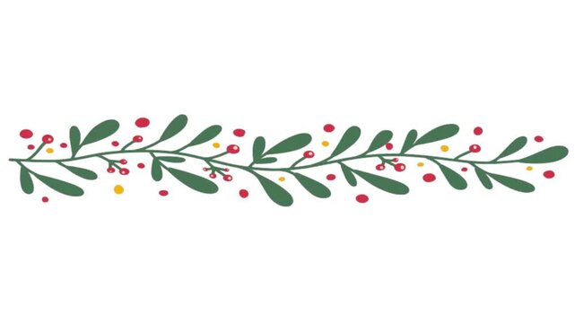 Elegant green branch with red berries. Festive greenery elegantly animates  for the holidays