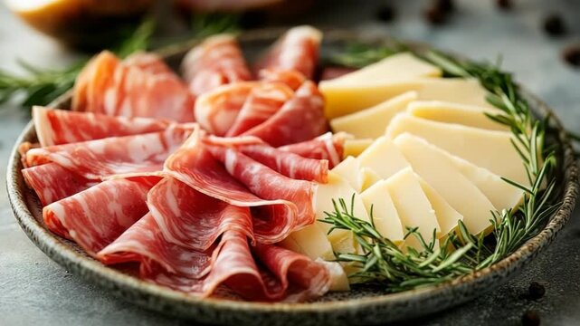 Cutting ham and Edam cheese on a wooden board, accompanied by fresh rosemary sprigs, to craft a charming charcuterie spread perfect for gatherings, celebrations, and intimate meals. View from above