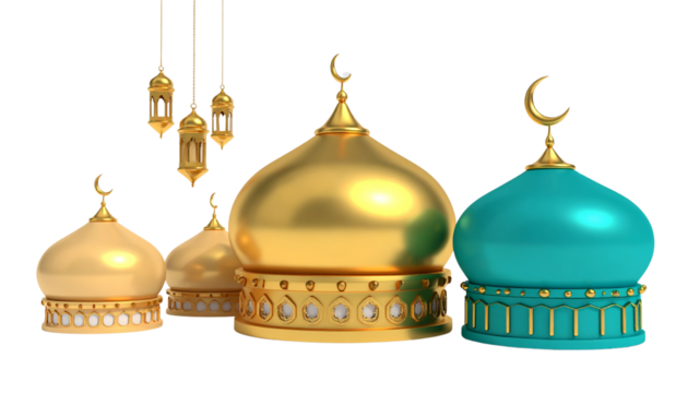Two Islamic dome variations with lanterns and crescent motifs isolated on transparent background.