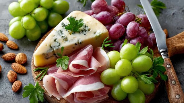 Delicious assortment of ham, Edam cheese, juicy green grapes, and a mix of almonds and walnuts come together on this appetizer board to create a delectable and satisfying culinary spread