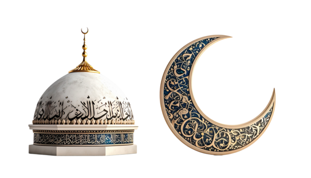 Two Islamic mosque art and calligraphy variations isolated on transparent background.