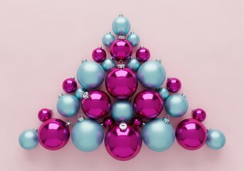 Christmas Tree Shape Made of Pink and Teal Baubles on Light Pink Background