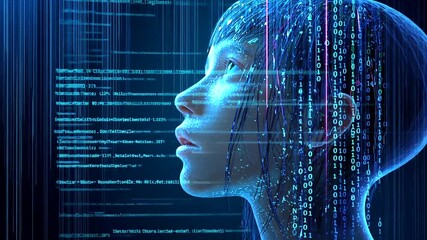 AI human head profile with flowing binary code, depicting digital consciousness and technology - Powered by Adobe