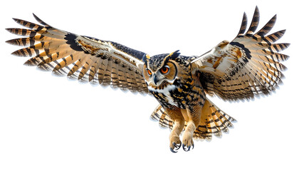 Brown and orange owl flying with wings spread against black