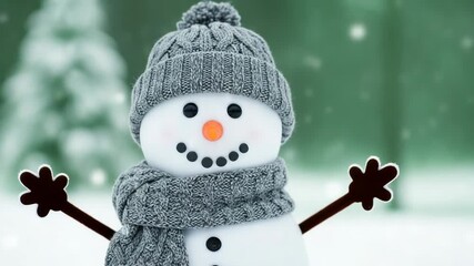 Cute snowman wearing a knitted hat and scarf in winter - Powered by Adobe