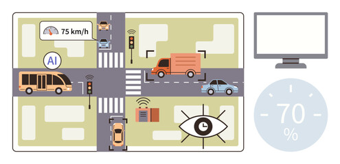 AI-powered vehicles, buses, trucks, and smart sensors on roads at an intersection, with data visuals. Ideal for urban mobility, transportation planning, AI, traffic management safety automation