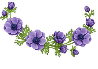 Beautiful purple anemone flowers arranged in a delicate garland design isolated on transparent background