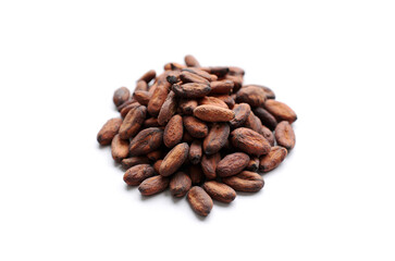 Fresh cacao beans on white background