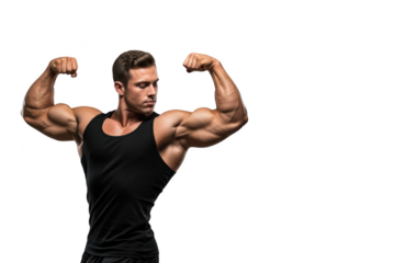 A muscular man flexing his biceps, wearing a black tank top, against transparent background