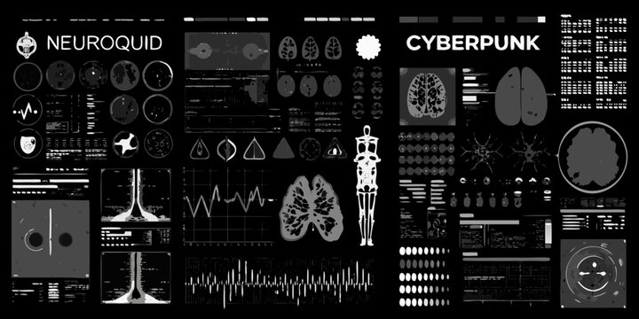 Futuristic cyberpunk neuro interface displays brain scans and medical data