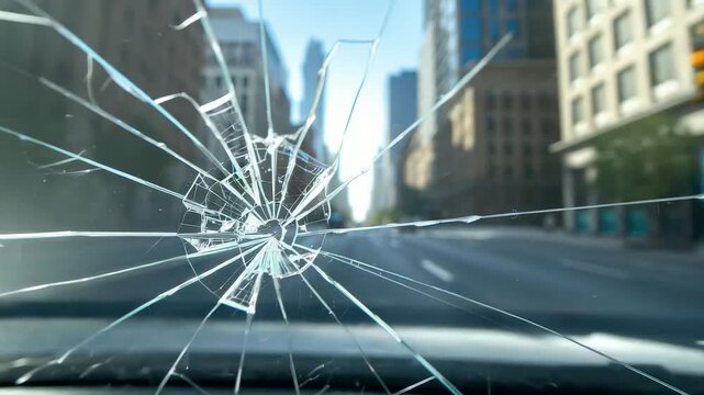 Cracked car windshield with spider web fracture pattern on empty city street in daylight showing damage safety risk and transportation repair concept