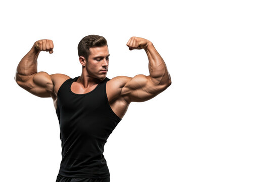 A muscular man flexing his biceps, wearing a black tank top, against transparent background