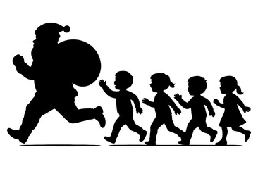 Santa claus silhouette running with a gift sack followed by a line of happy children