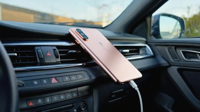 Charging the mobile phone in the car.