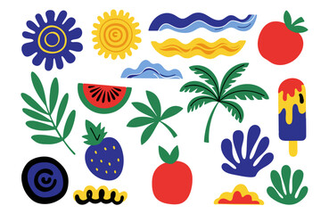 Colorful set of abstract summer shapes with palm tree, sun, waves, fruit, leaves, and ice cream